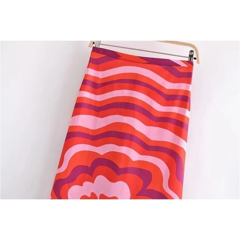 red printed midi skirt