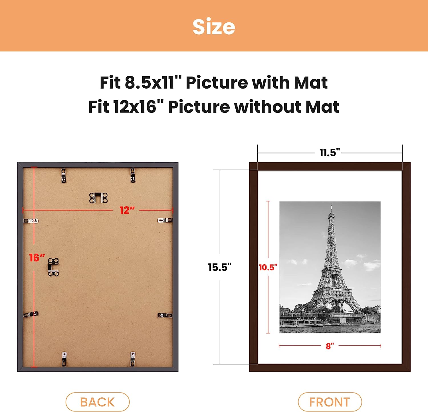 upsimples 12x16 Picture Frame Set of 5, Display Pictures 8.5x11 with Mat or 12x16 Without Mat, Wall Gallery Photo Frames, Brown