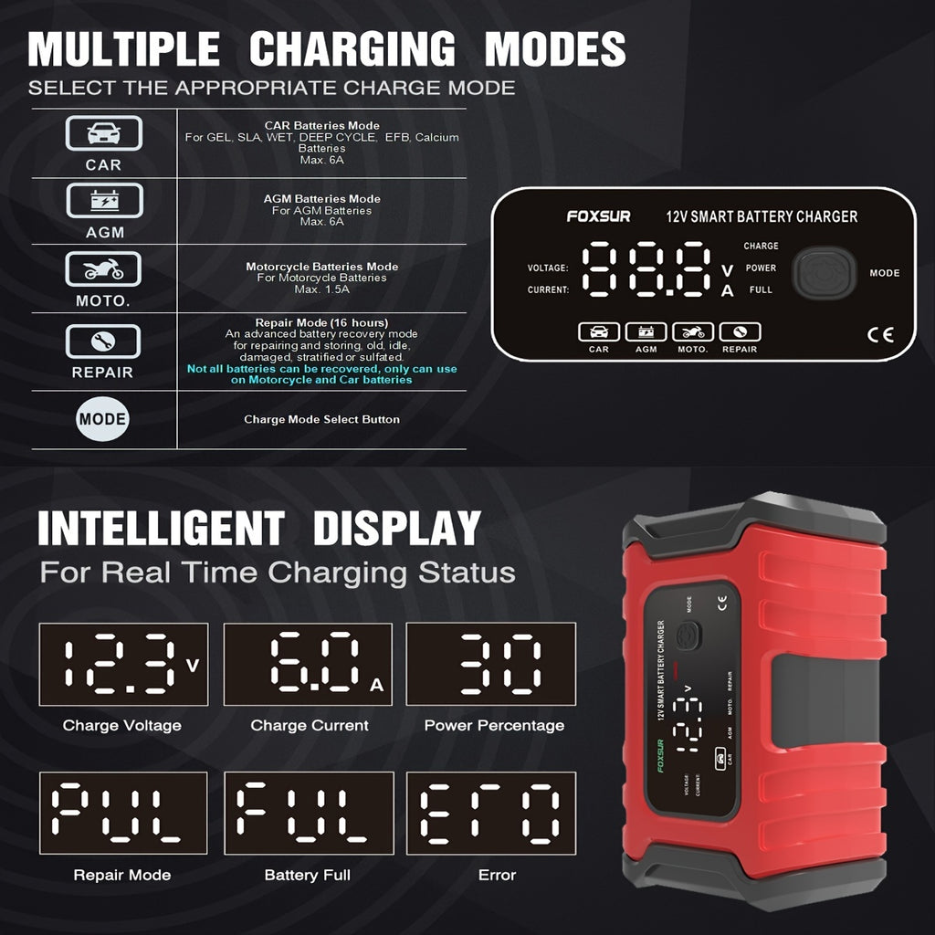 1pCar Battery Charger 12V 6A Smart Battery Trickle Charger Automatic Battery Maintainer Desulfator For Car Moto Lawn Mower Marine Lead Acid Batteries