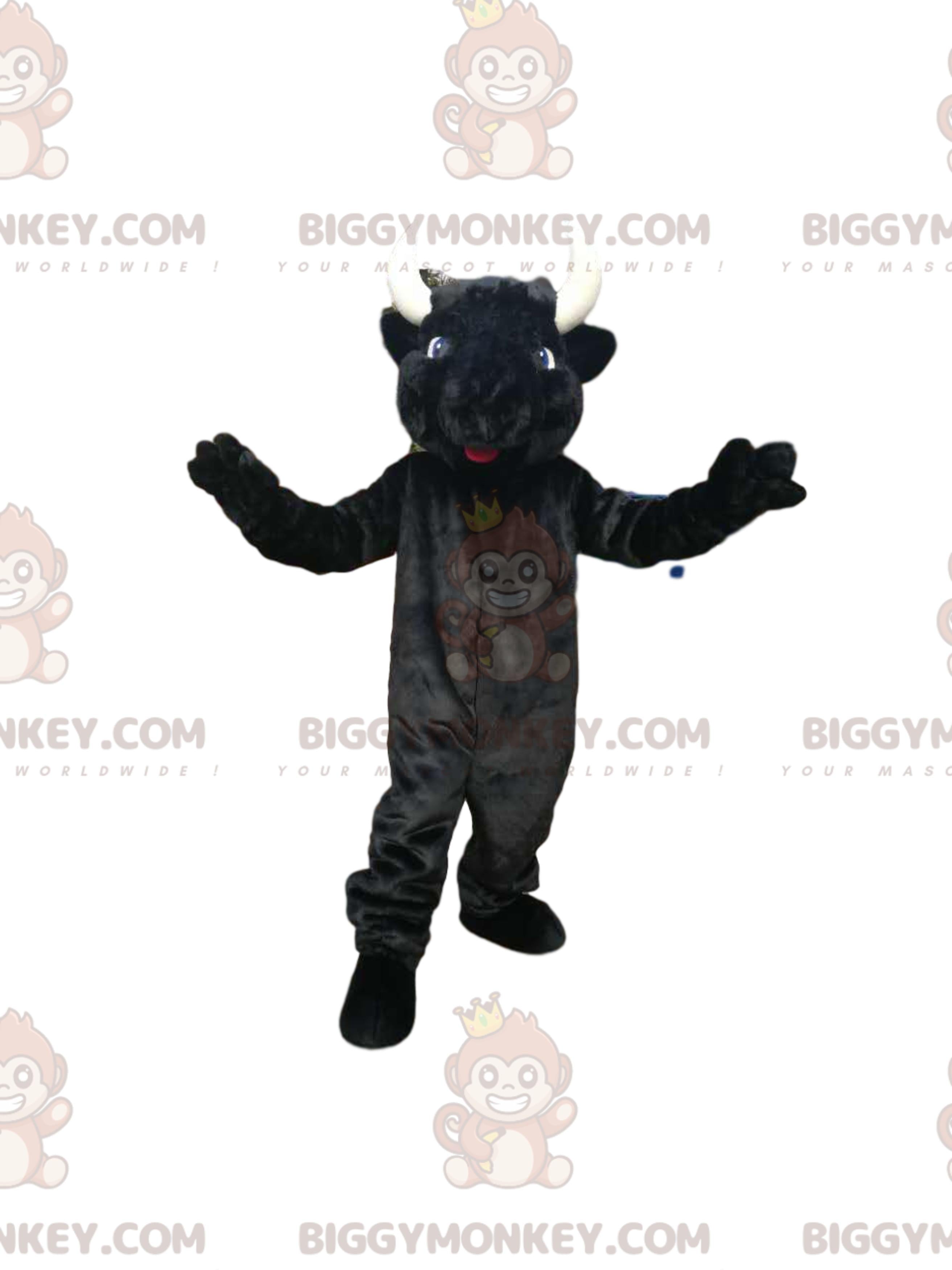 BIGGYMONKEYMascot Costume of Black Cow with Beautiful Horns and Blue Eyes