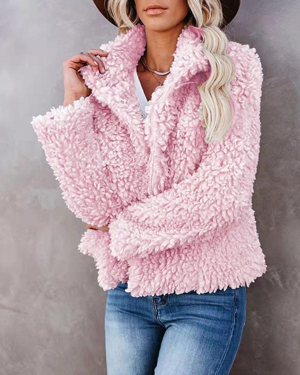lapel plush cardigan pure color coat