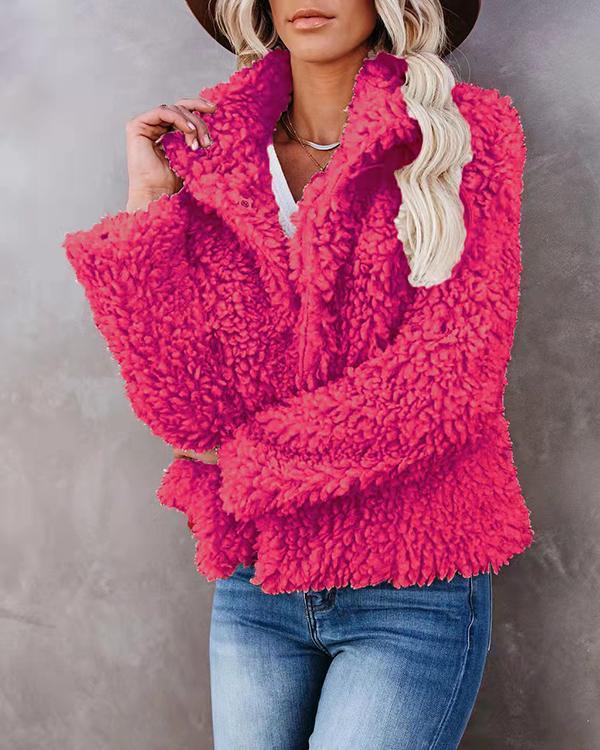 lapel plush cardigan pure color coat
