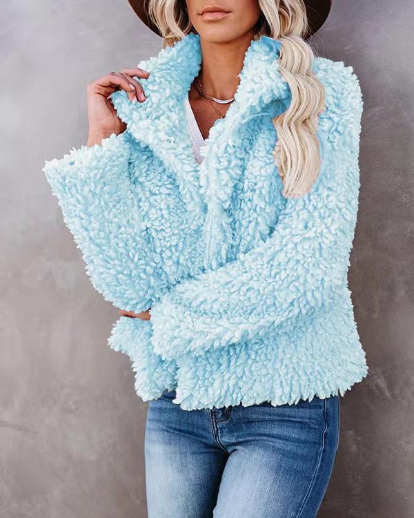 lapel plush cardigan pure color coat