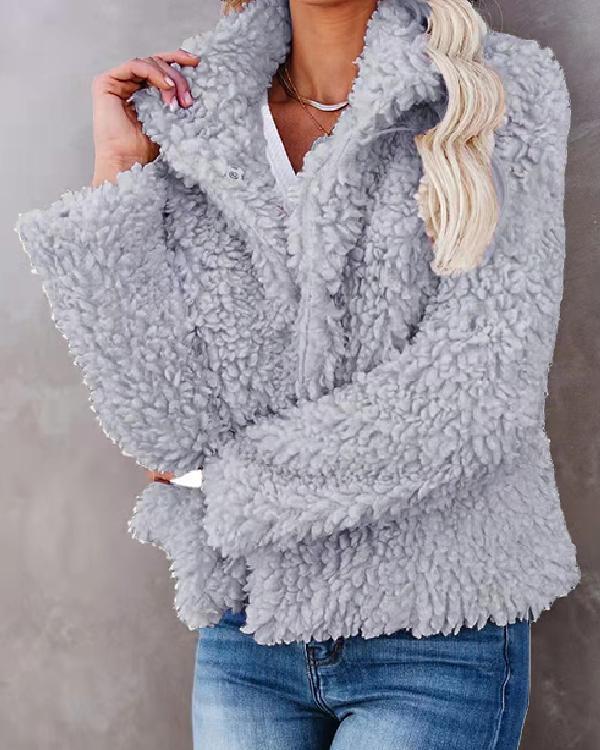 lapel plush cardigan pure color coat