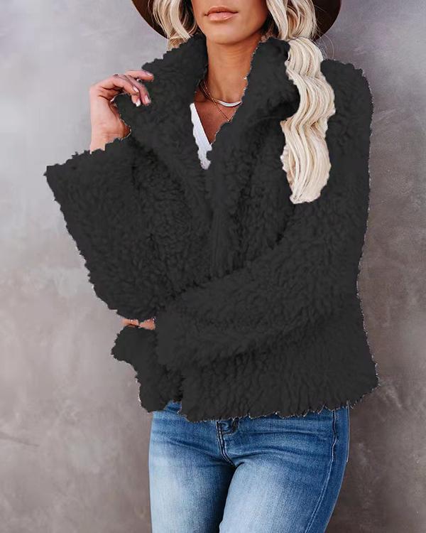 lapel plush cardigan pure color coat