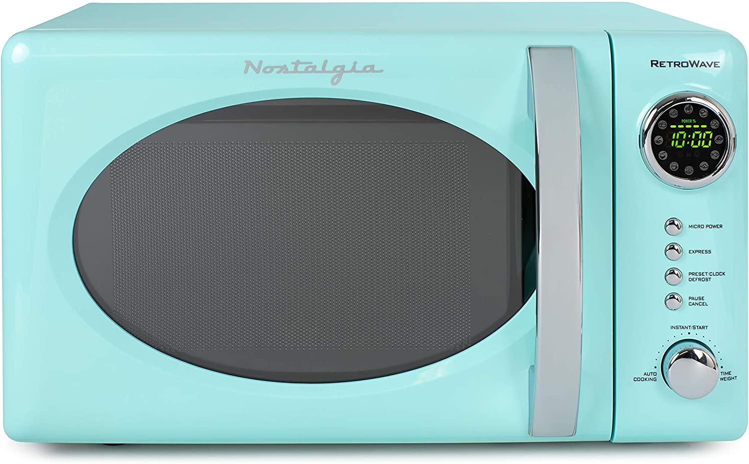 Nostalgia RMO7AQ Retro 0.7 cu ft 700-Watt Countertop Microwave Oven, 12 Pre Programmed CooSettings, Digital Clock, Easy Clean Interior, Aqua