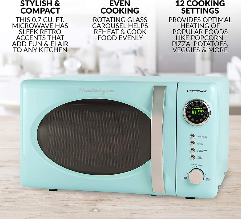 Nostalgia RMO7AQ Retro 0.7 cu ft 700-Watt Countertop Microwave Oven, 12 Pre Programmed CooSettings, Digital Clock, Easy Clean Interior, Aqua