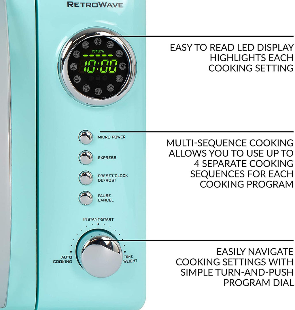 Nostalgia RMO7AQ Retro 0.7 cu ft 700-Watt Countertop Microwave Oven, 12 Pre Programmed CooSettings, Digital Clock, Easy Clean Interior, Aqua