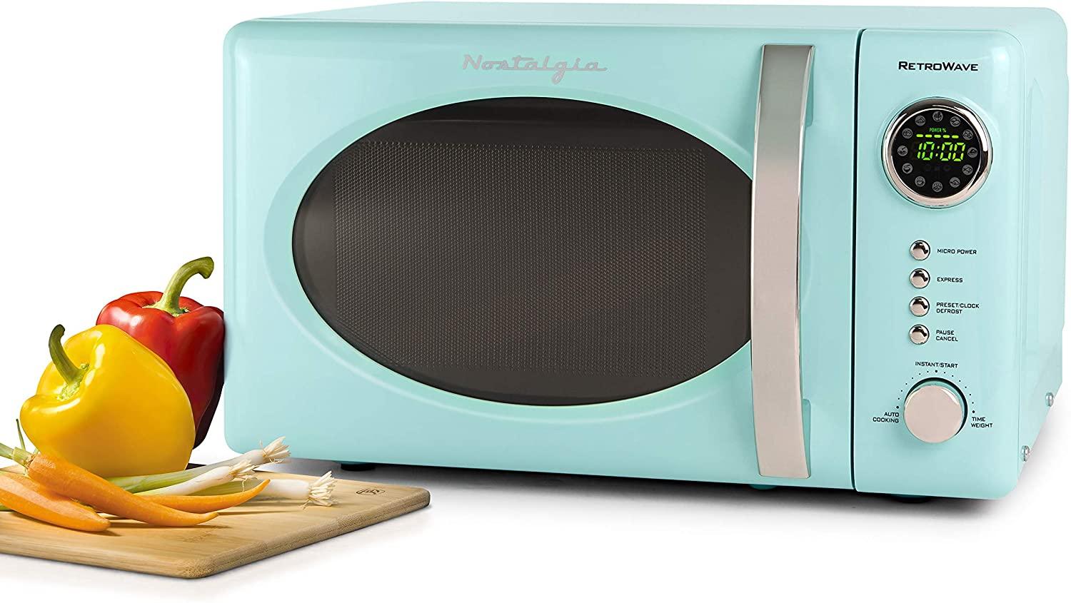 Nostalgia RMO7AQ Retro 0.7 cu ft 700-Watt Countertop Microwave Oven, 12 Pre Programmed CooSettings, Digital Clock, Easy Clean Interior, Aqua