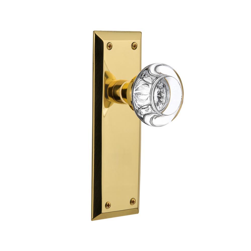York Plate Double Dummy Round Clear Crystal Glass Door Knob in Unlacquered Brass
