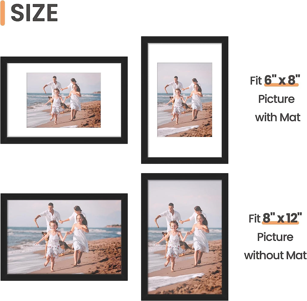 upsimples 8x12 Picture Frame Set of 5,Display Pictures 6x8 with Mat or 8x12 Without Mat,Wall Gallery Photo Frames,Black