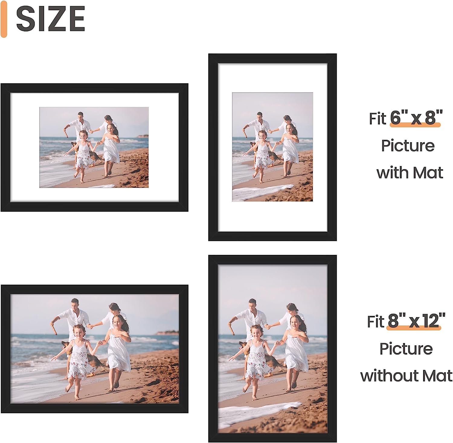 upsimples 8x12 Picture Frame Set of 5,Display Pictures 6x8 with Mat or 8x12 Without Mat,Wall Gallery Photo Frames,Black