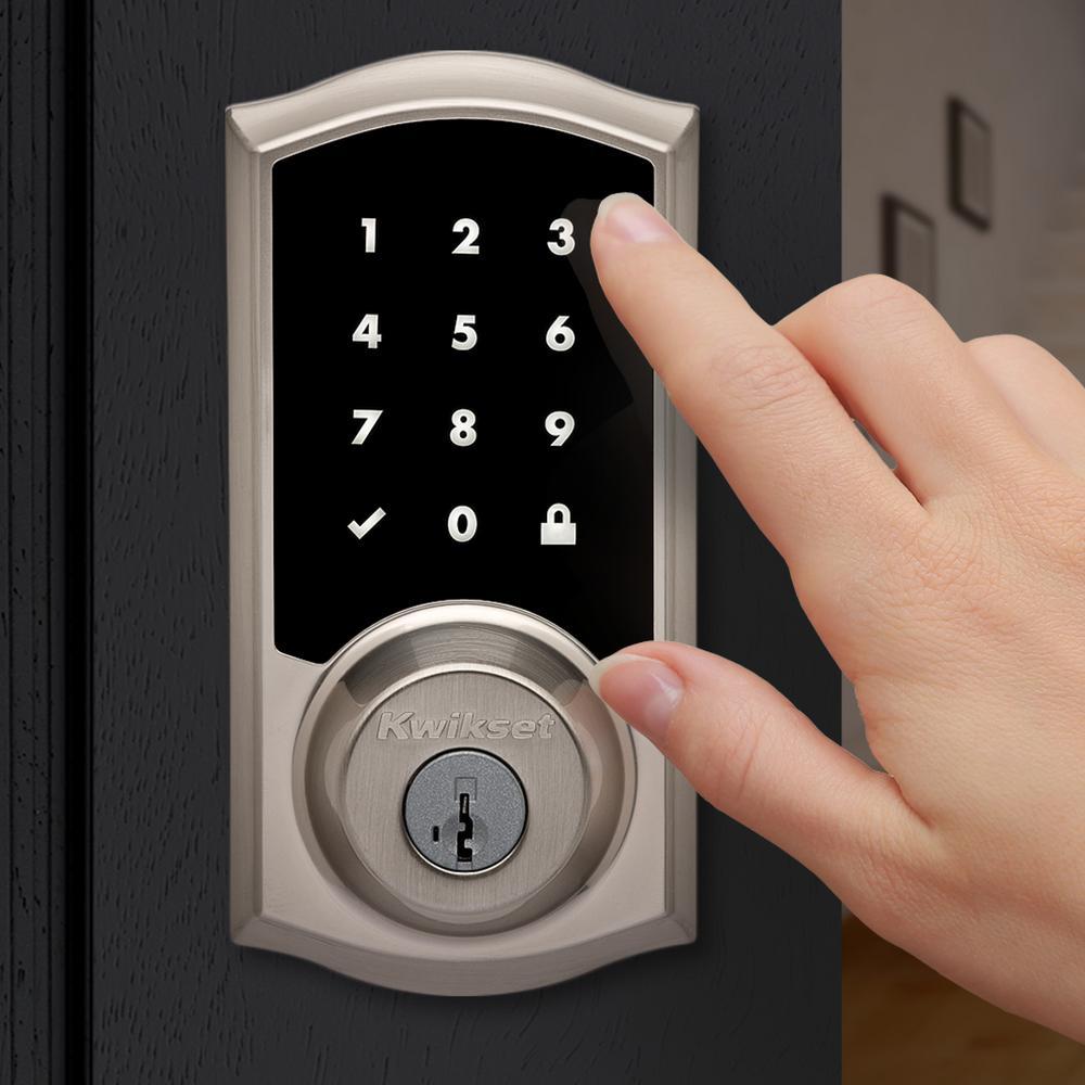 Premis Touchscreen Smart Lock Single Cylinder Satin Nickel Electronic with Avalon Handleset and Tustin Door Lever