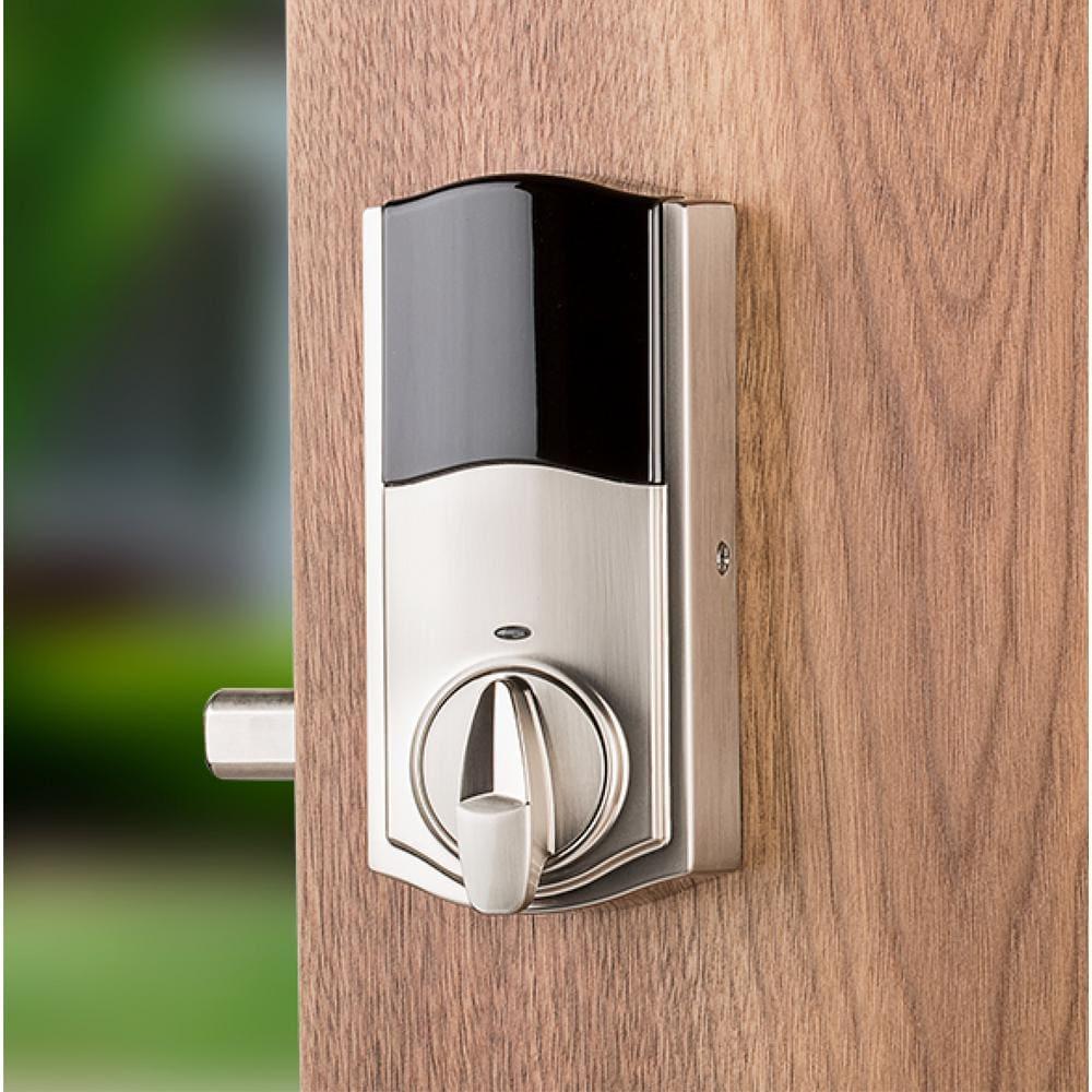 Premis Touchscreen Smart Lock Single Cylinder Satin Nickel Electronic with Avalon Handleset and Tustin Door Lever