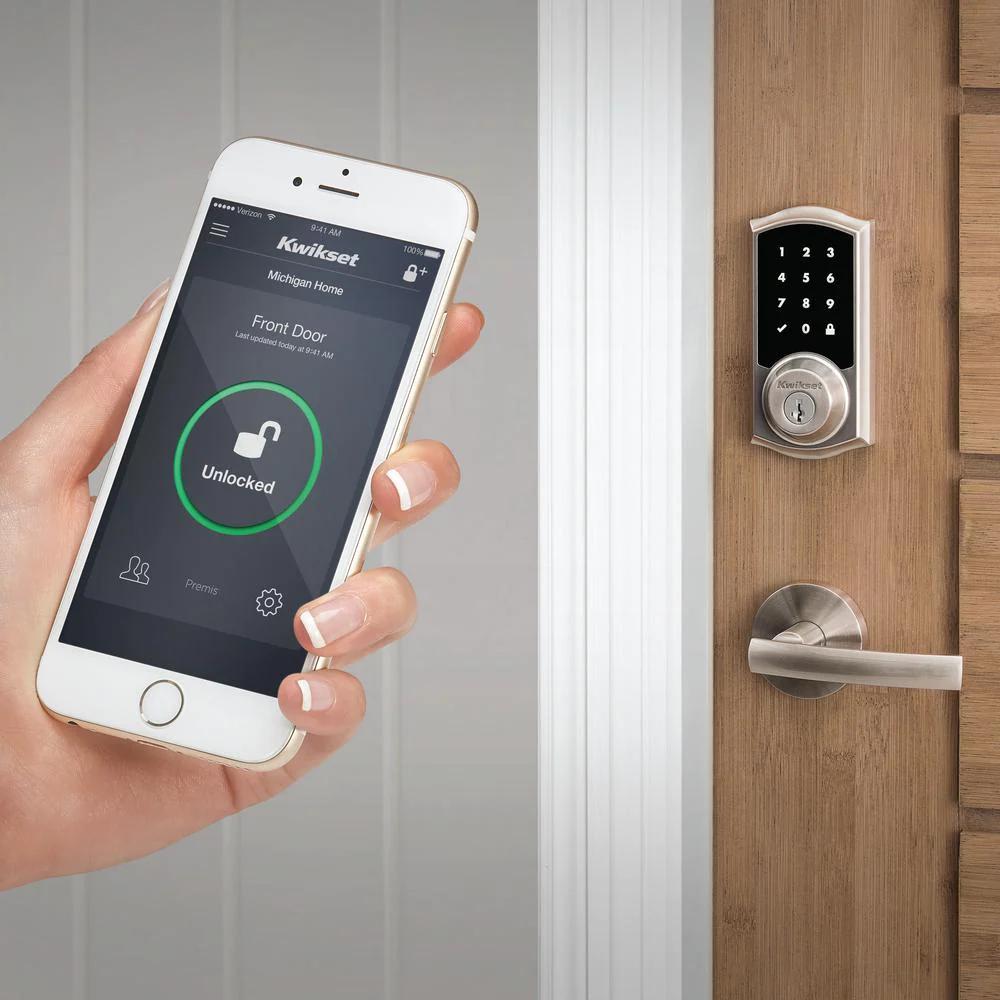 Premis Touchscreen Smart Lock Single Cylinder Satin Nickel Electronic with Avalon Handleset and Tustin Door Lever