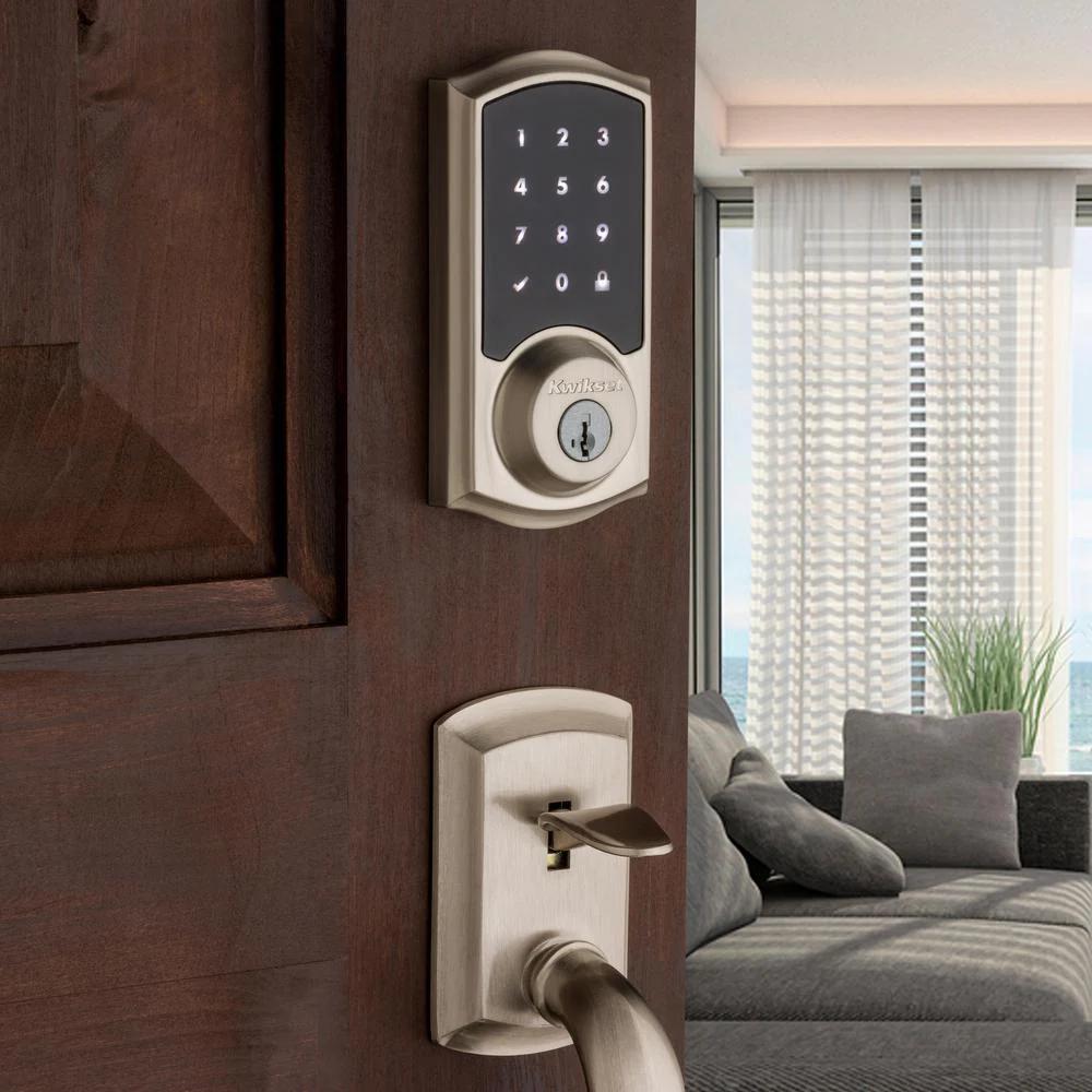 Premis Touchscreen Smart Lock Single Cylinder Satin Nickel Electronic with Avalon Handleset and Tustin Door Lever