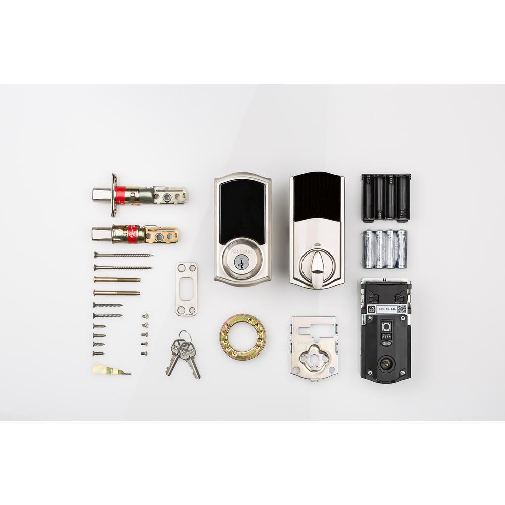 Premis Touchscreen Smart Lock Single Cylinder Satin Nickel Electronic with Avalon Handleset and Tustin Door Lever
