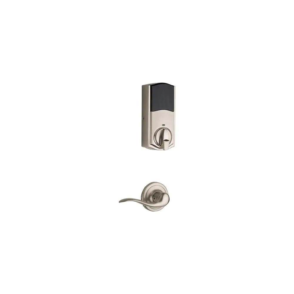 Premis Touchscreen Smart Lock Single Cylinder Satin Nickel Electronic with Avalon Handleset and Tustin Door Lever