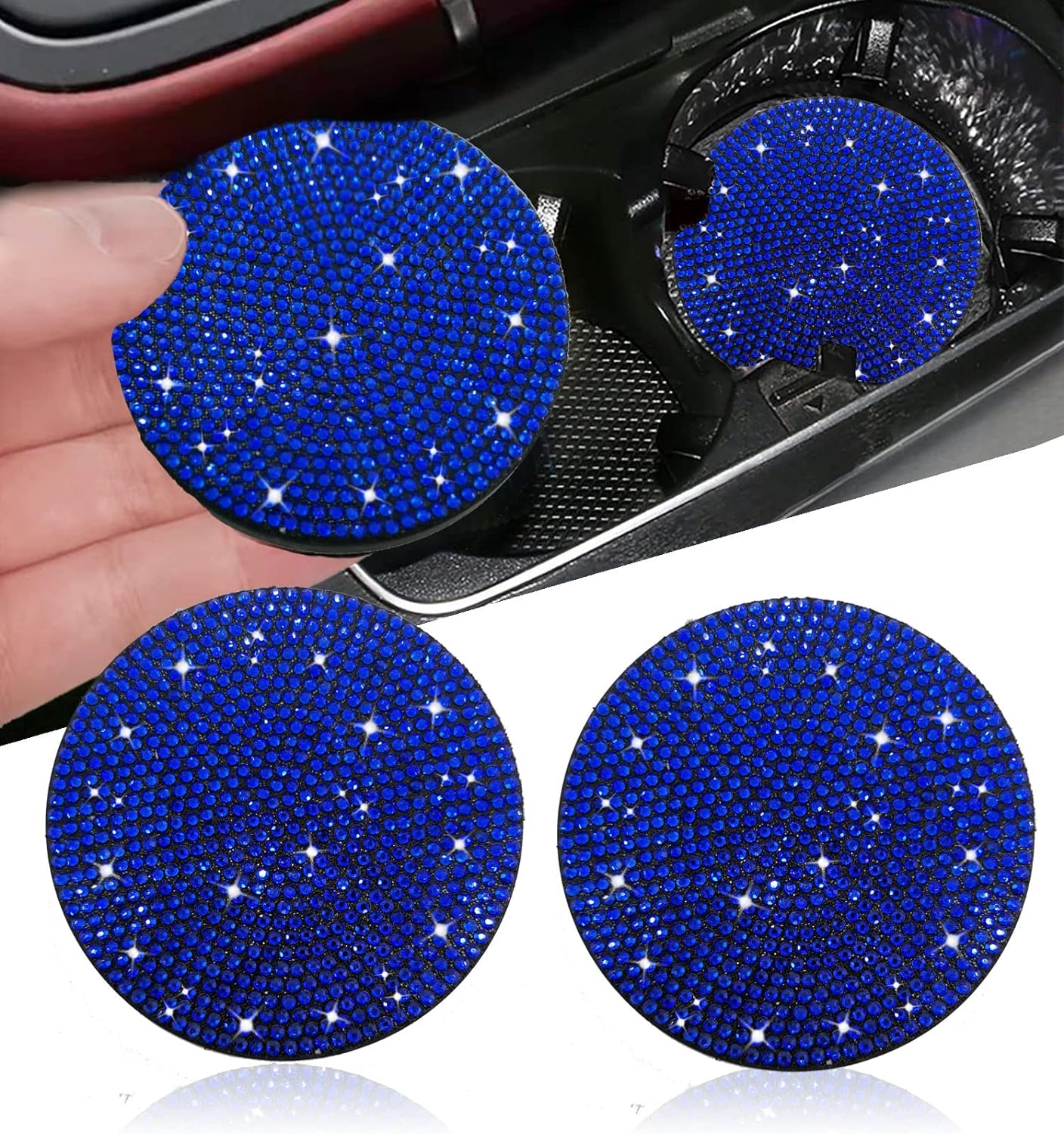 2pcs Bling Car Cup Holder Coaster, 2.75 inch Anti-Slip Shockproof Universal Fashion Vehicle Car Coasters Insert Bling Rhinestone Auto Automotive Interior Accessories for Women (2 pcs, Blue)