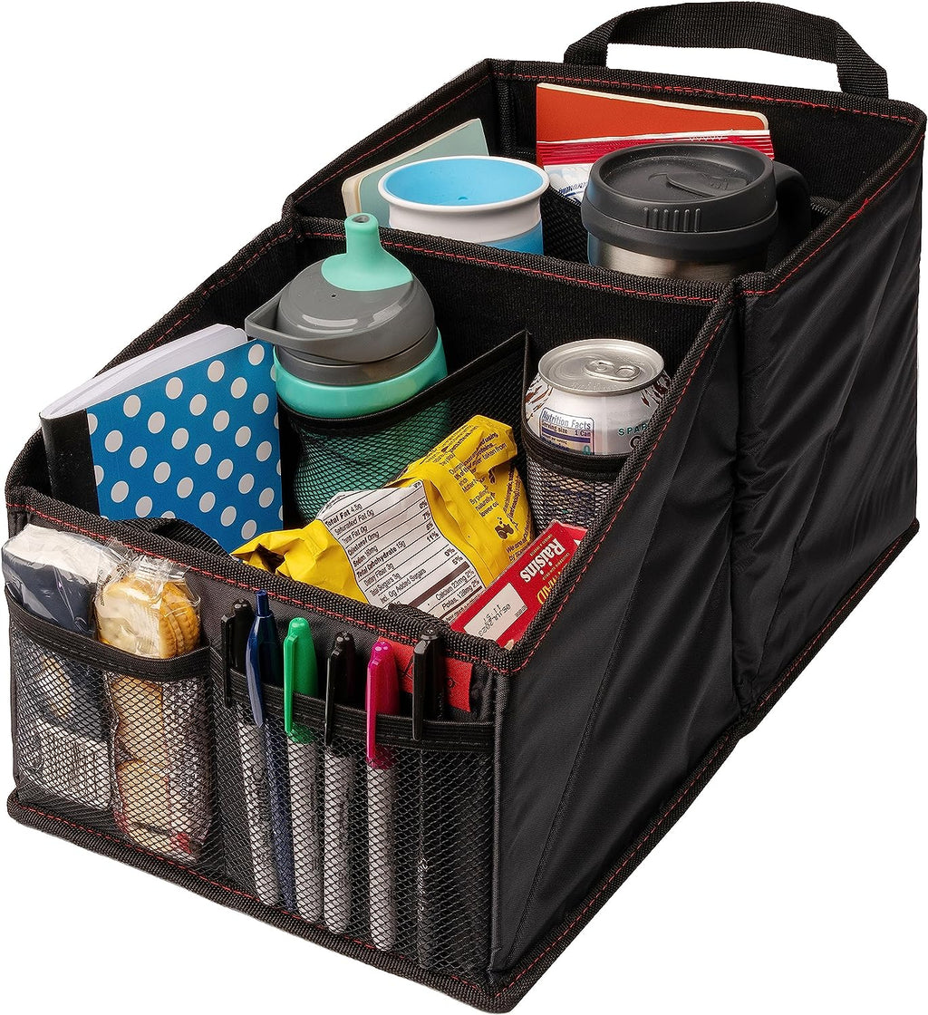 Lusso Gear Car Seat Organizer with Cup Holders for Front, Back, Passenger Seats, Truck and Van, 9 Auto Storage Compartments for Travel Organization of Trunk, Seats, Mobile Office (Black w Red Stitch)
