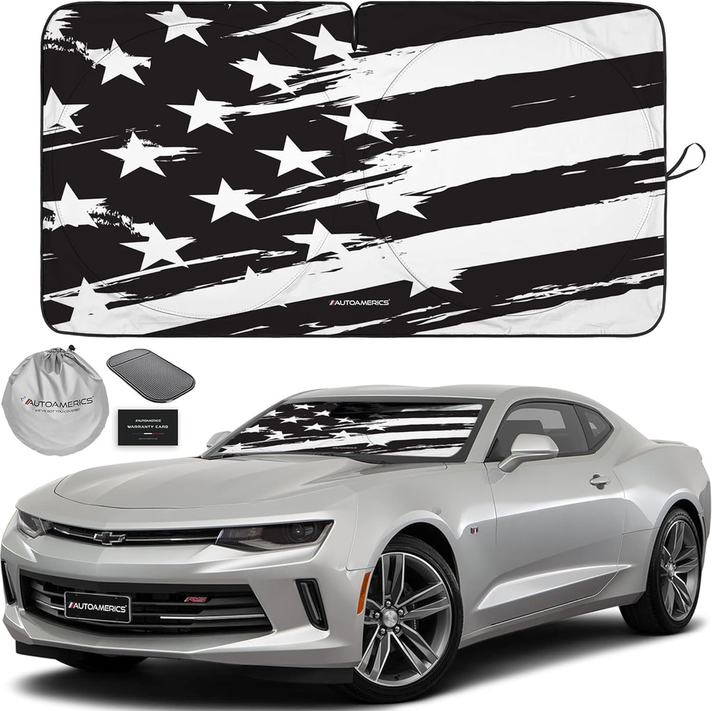 Autoamerics 1-Piece Windshield Sun Shade B&amp;W Art American Flag USA  - Foldable Car Front Window Sunshade for Most Sedans SUV Truck - Blocks Max UV Rays and Keeps Your Vehicle Cool - Small