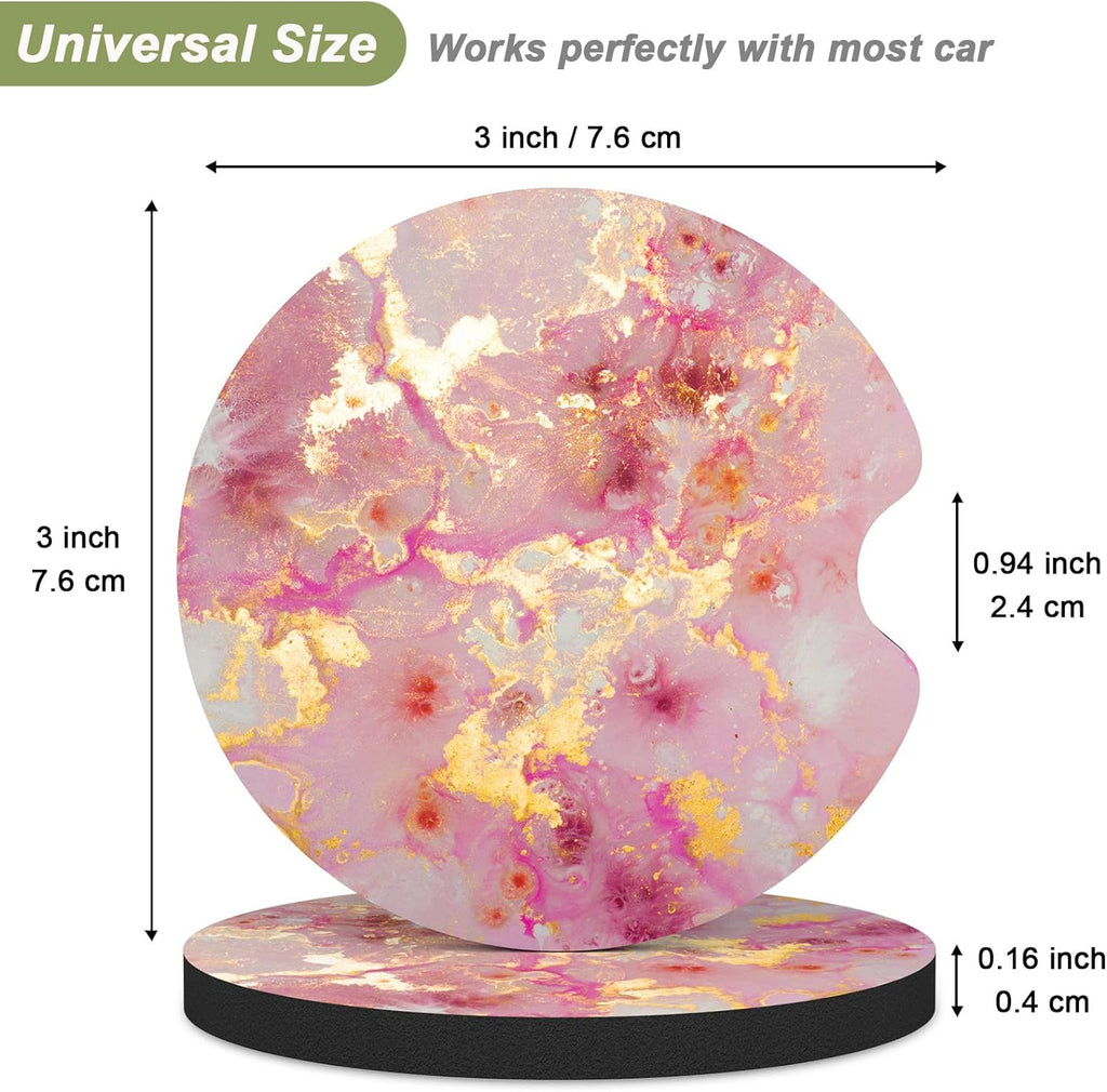 Nipichsha Car Cup Holder Coasters, 2 Pack Anti Slip Insert Coasters, Rubber Car Cup Mat with A Finger Notch, Cute Car Interior Accessories for Women Men(Gold Pink Marble)
