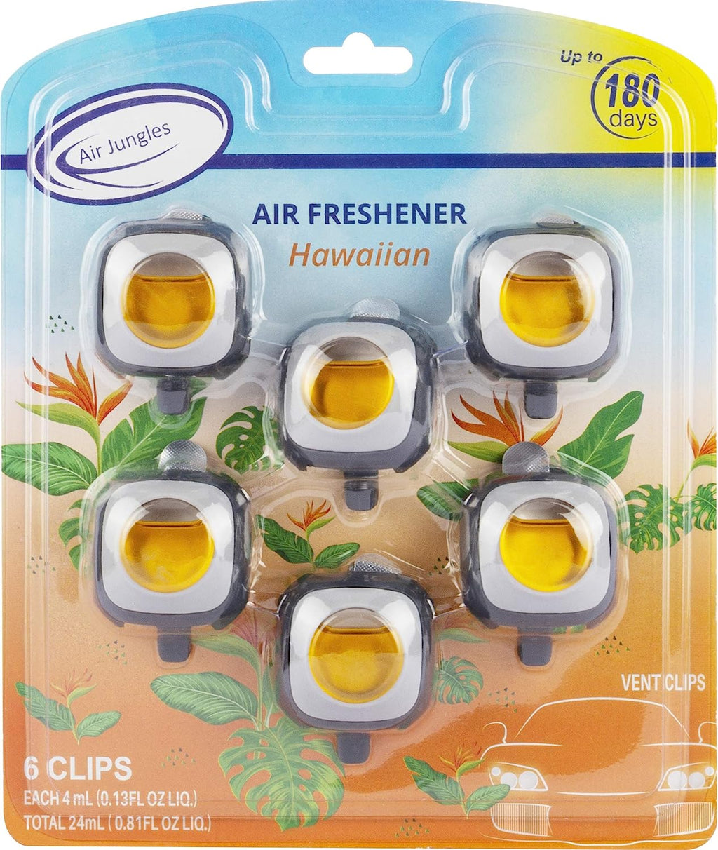 Air Jungles Hawaiian Scent Car Air Freshener Clip, 6 Car Freshener Vent Clips, 4ml Each, Long Lasting , Up to 180 Days Refresher Odor Eliminator