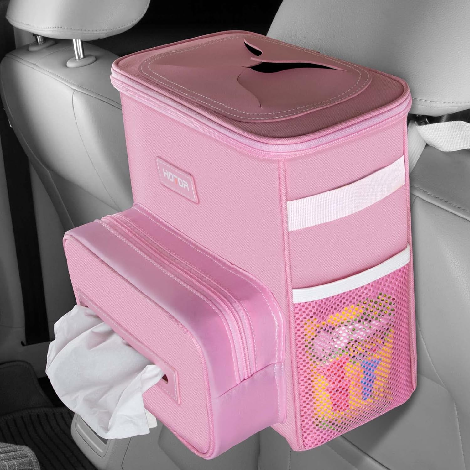 HOTOR Car Trash Can 2.5 Gallon - Handy Car Tissue Holder, Easy-to-Install Car Accessory Interior, Leak-Proof Car Organizer and Storage Bag for The Back/Front/Console of Any Cars, SUVs &amp; Trucks, Pink