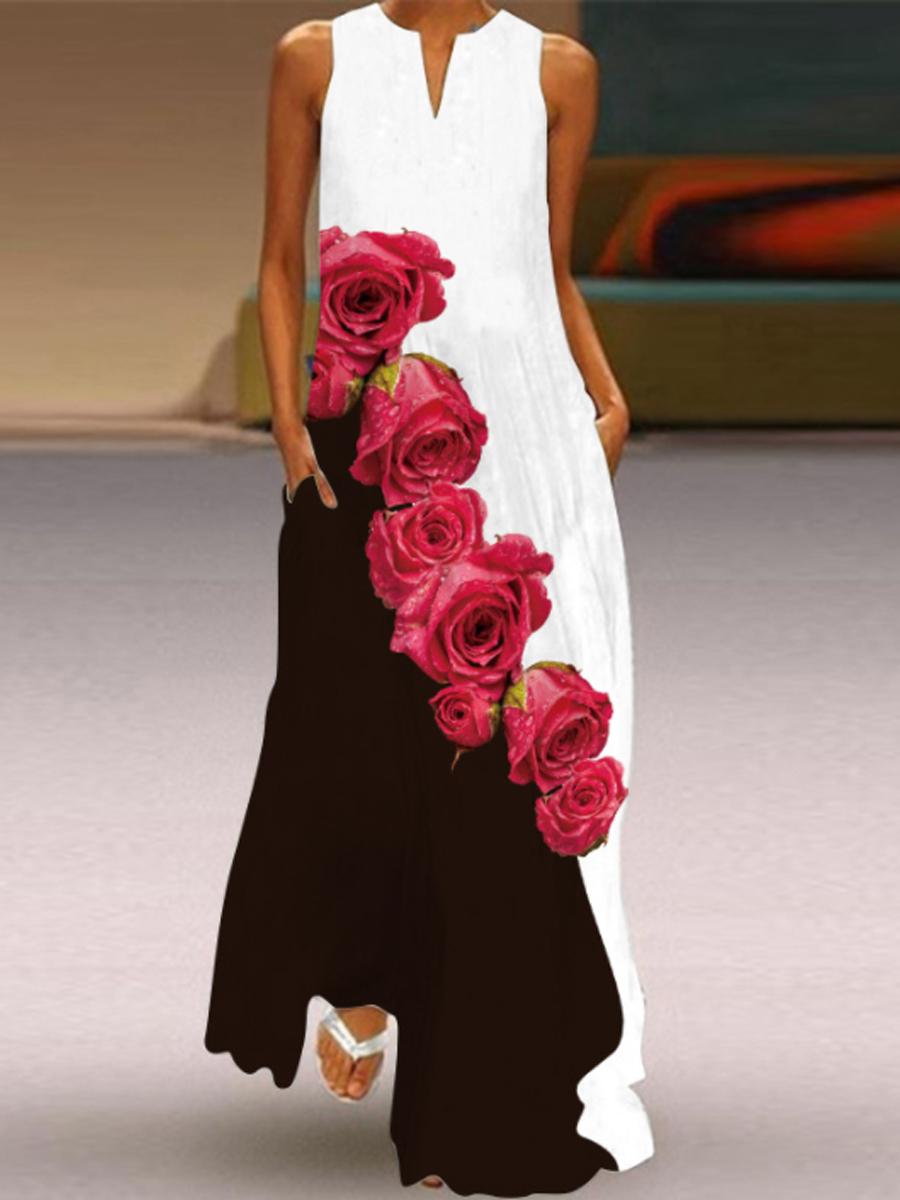 Ladies Printed V-neck Sleeveless Maxi Dress
