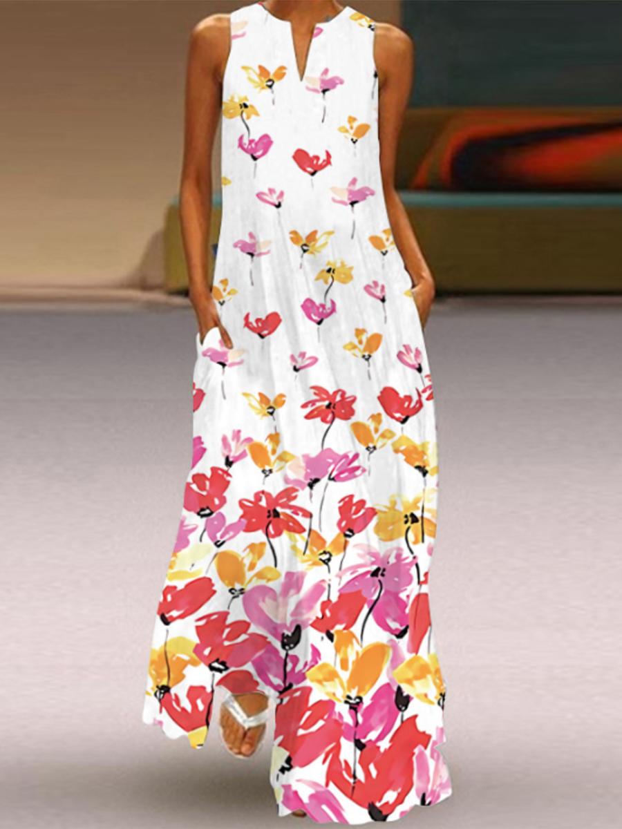 Ladies Printed V-neck Sleeveless Maxi Dress