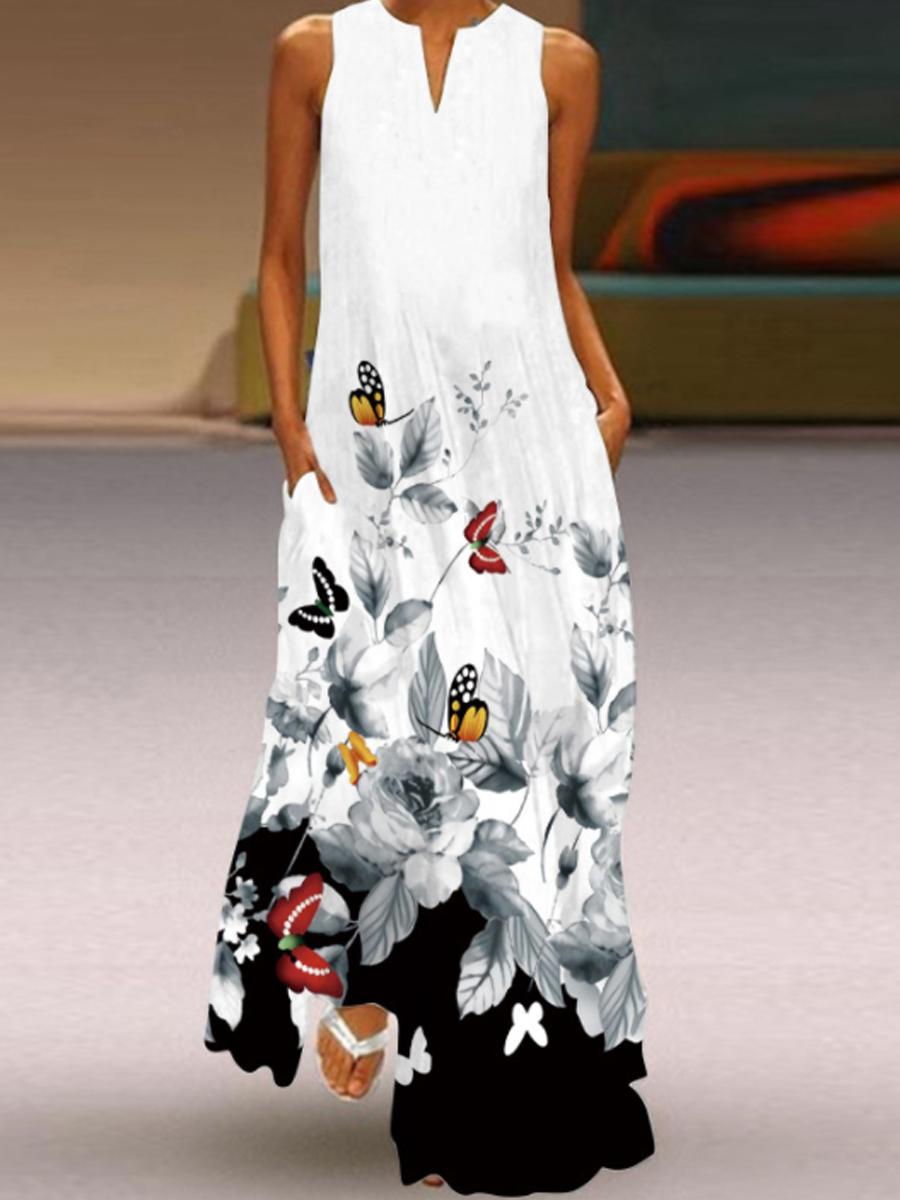 Ladies Printed V-neck Sleeveless Maxi Dress