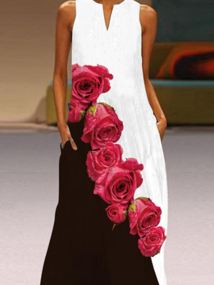 Ladies Printed V-neck Sleeveless Maxi Dress