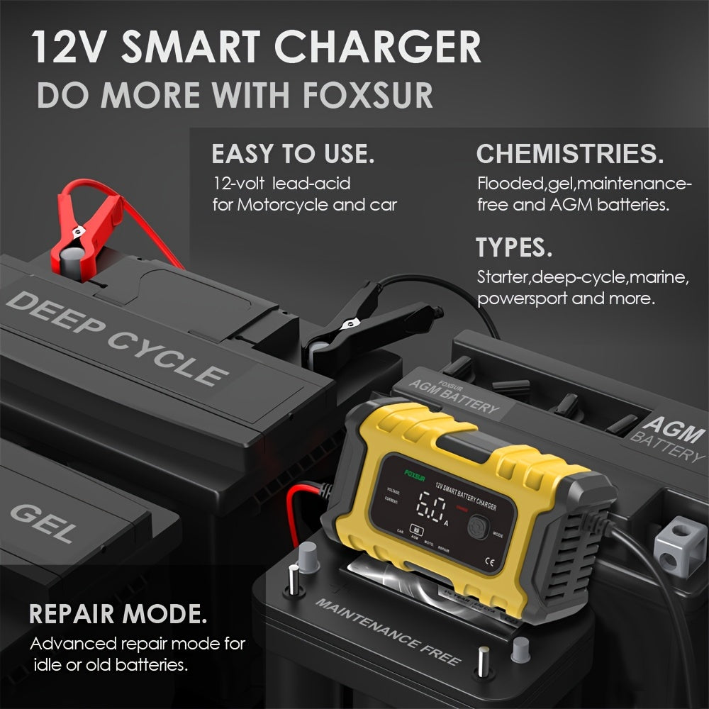 1pCar Battery Charger 12V 6A Smart Battery Trickle Charger Automatic Battery Maintainer Desulfator For Car Moto Lawn Mower Marine Lead Acid Batteries
