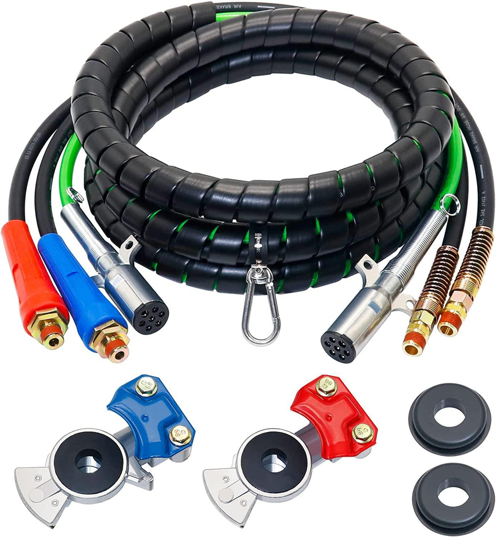 Dazakoot 15 Ft Heavy Duty 3 in 1 Semi Truck Air Line Kit, 7 Way ABS Electrical Cable and Rubber Air Lines for Tractor Trailer with Aluminum Emergency Glad Hands, Semi Truck Air Hose Kit