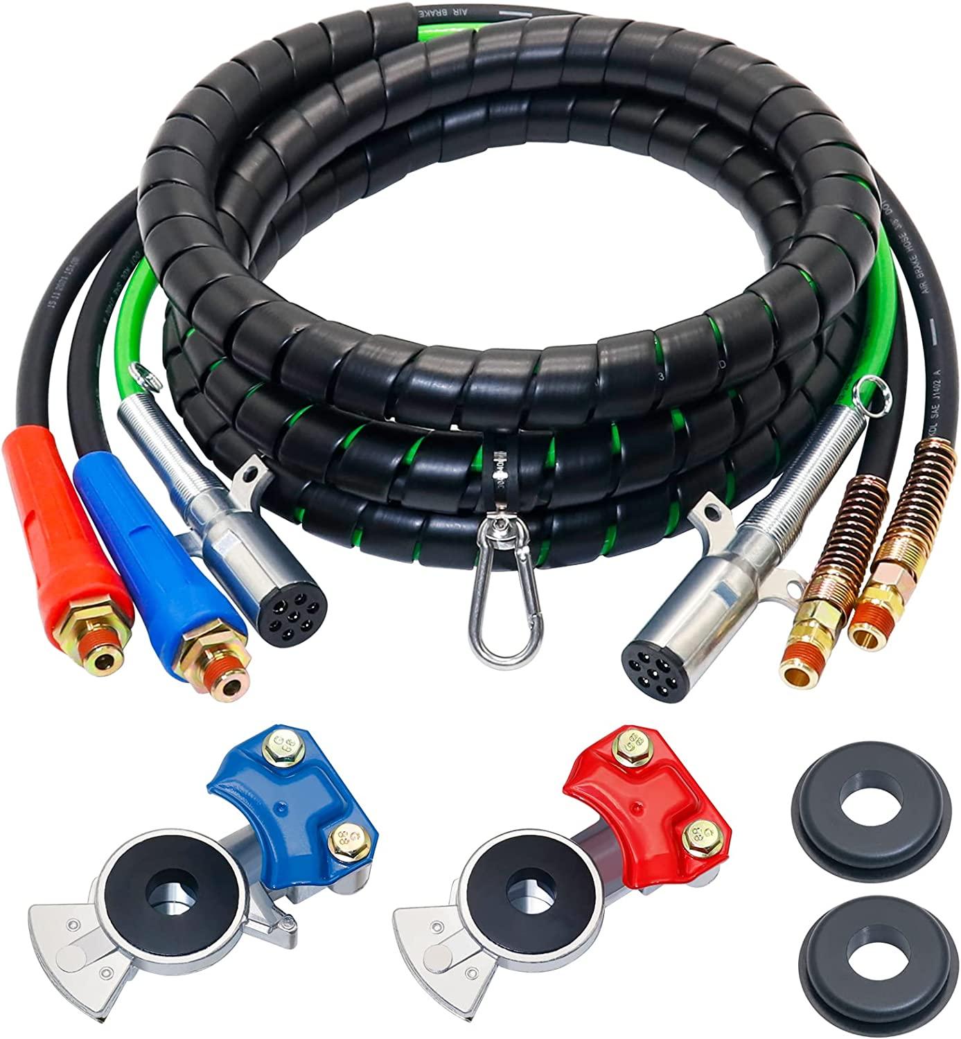 Dazakoot 15 Ft Heavy Duty 3 in 1 Semi Truck Air Line Kit, 7 Way ABS Electrical Cable and Rubber Air Lines for Tractor Trailer with Aluminum Emergency Glad Hands, Semi Truck Air Hose Kit