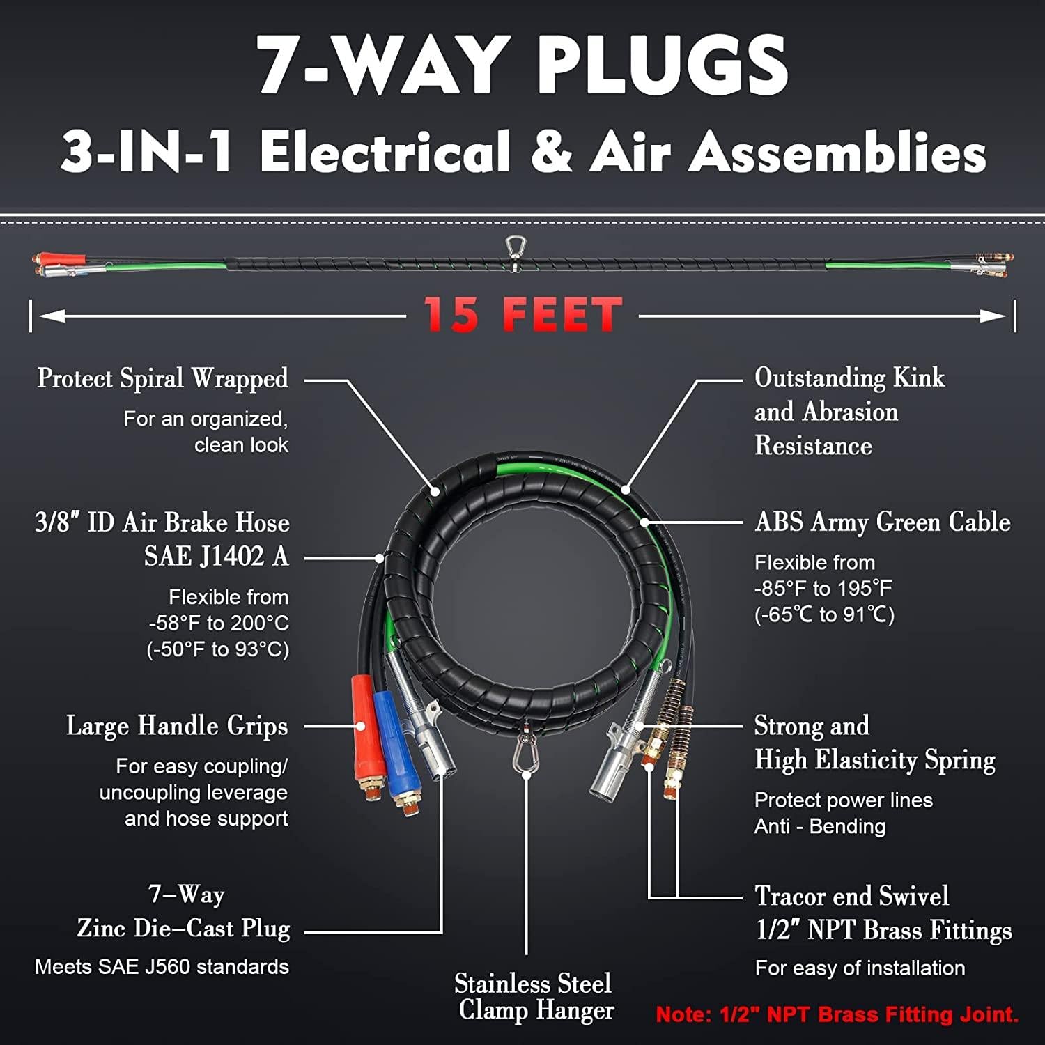 Dazakoot 15 Ft Heavy Duty 3 in 1 Semi Truck Air Line Kit, 7 Way ABS Electrical Cable and Rubber Air Lines for Tractor Trailer with Aluminum Emergency Glad Hands, Semi Truck Air Hose Kit