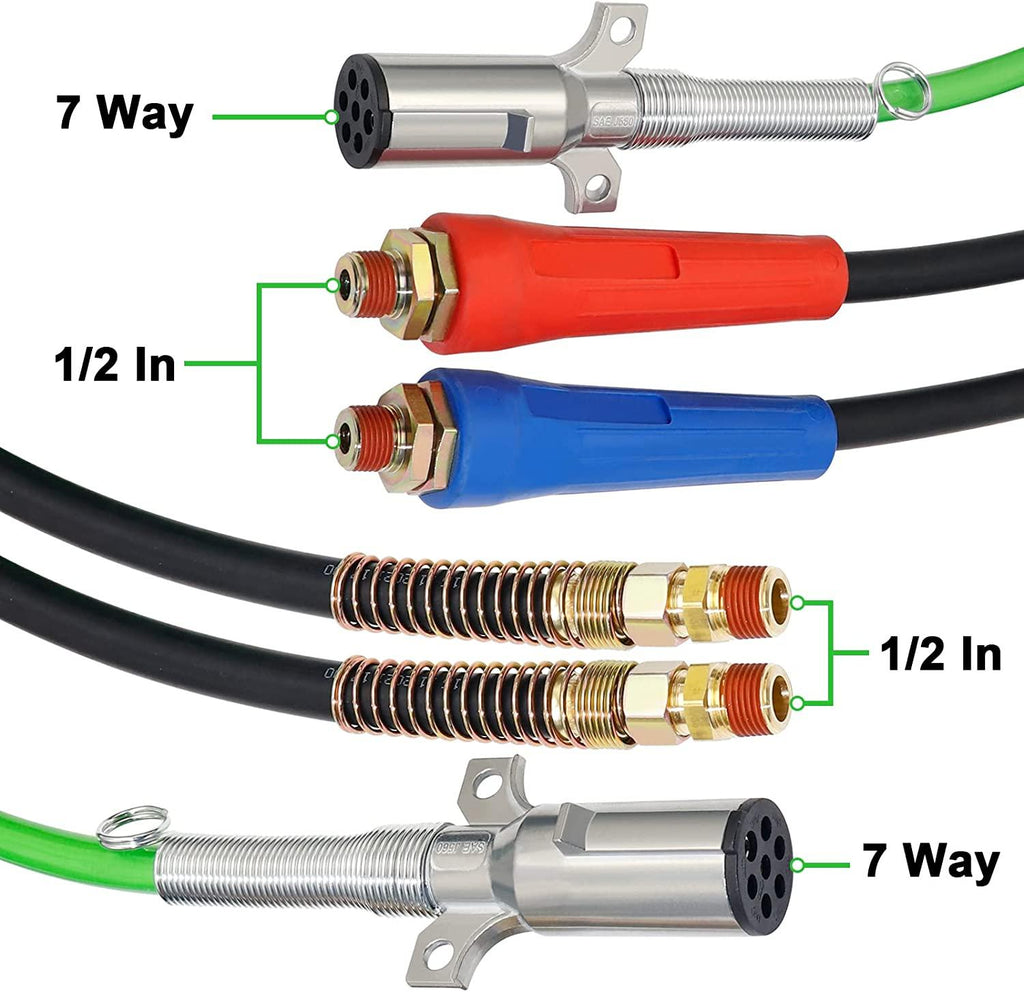 Dazakoot 15 Ft Heavy Duty 3 in 1 Semi Truck Air Line Kit, 7 Way ABS Electrical Cable and Rubber Air Lines for Tractor Trailer with Aluminum Emergency Glad Hands, Semi Truck Air Hose Kit