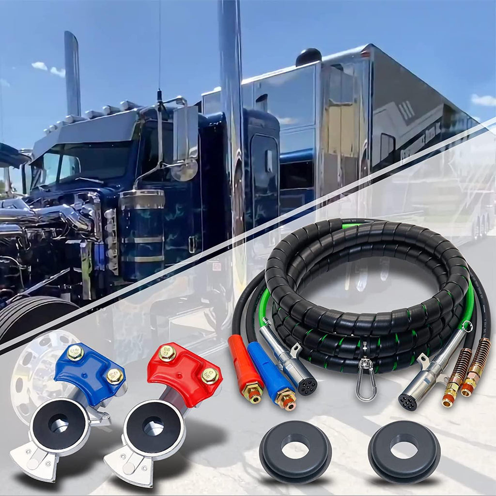 Dazakoot 15 Ft Heavy Duty 3 in 1 Semi Truck Air Line Kit, 7 Way ABS Electrical Cable and Rubber Air Lines for Tractor Trailer with Aluminum Emergency Glad Hands, Semi Truck Air Hose Kit