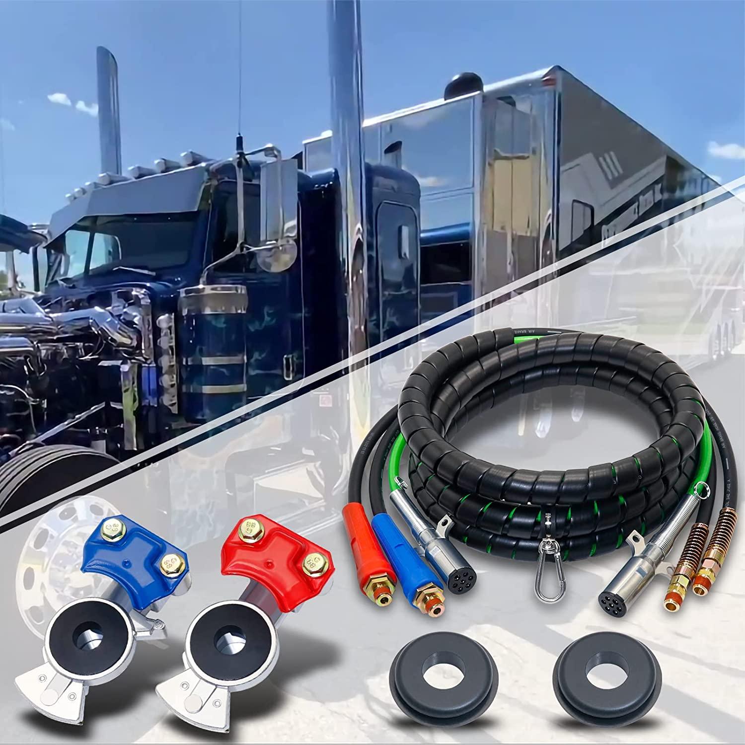 Dazakoot 15 Ft Heavy Duty 3 in 1 Semi Truck Air Line Kit, 7 Way ABS Electrical Cable and Rubber Air Lines for Tractor Trailer with Aluminum Emergency Glad Hands, Semi Truck Air Hose Kit