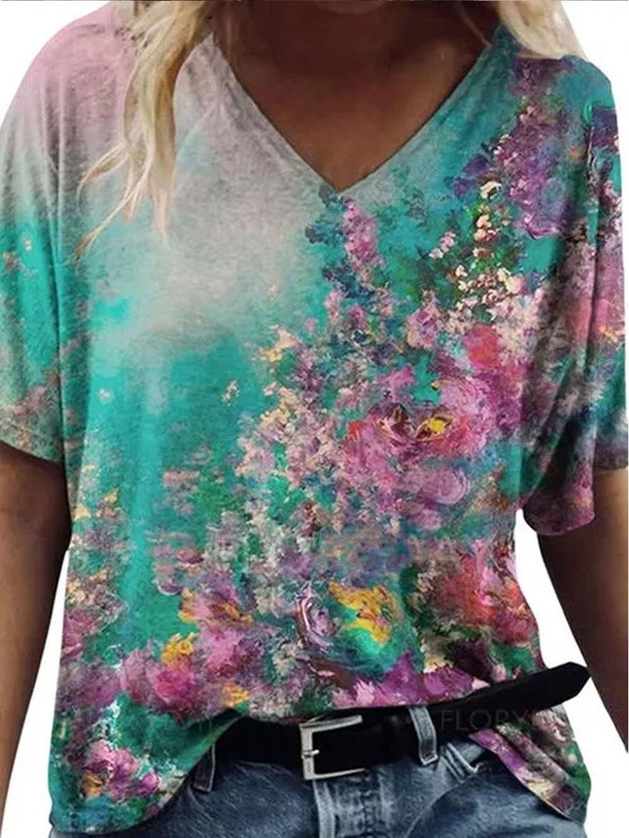 Women'S V-neck Floral Print Fashion Short-sleeved T-shirt