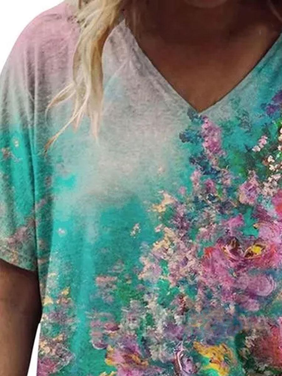 Women'S V-neck Floral Print Fashion Short-sleeved T-shirt