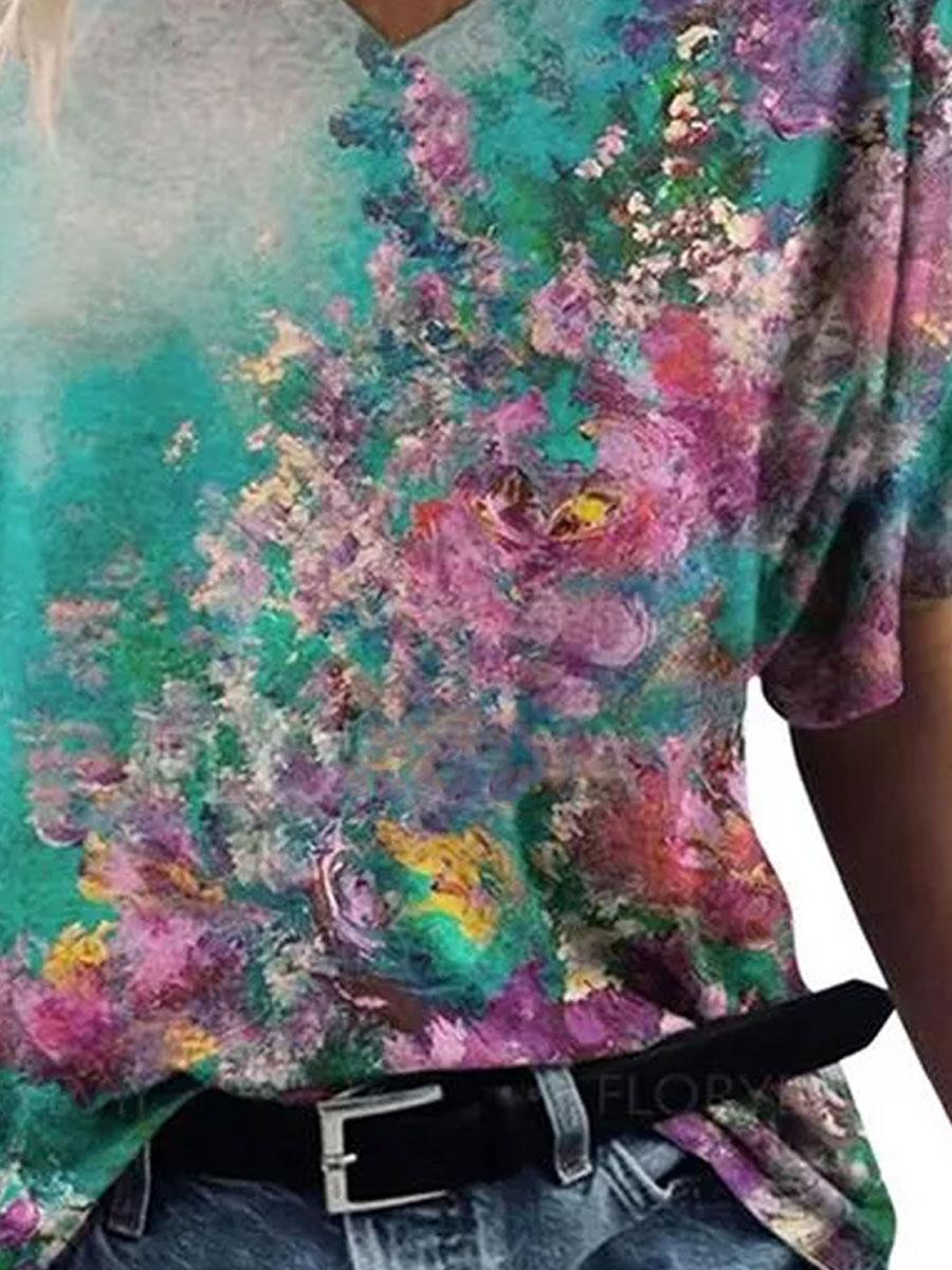Women'S V-neck Floral Print Fashion Short-sleeved T-shirt
