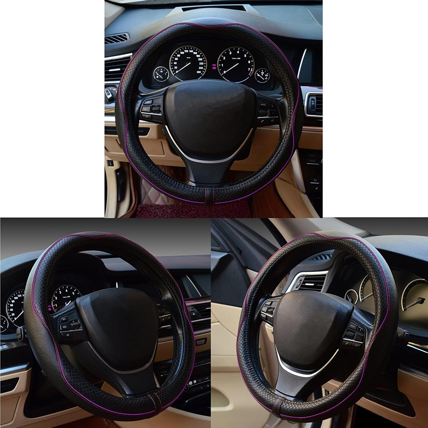 Gomass Car Steering Wheel Cover, Anti-Slip, Safety, Soft, Breathable, Heavy Duty, Thick, Full Surround, Sports Style (Black with Purple line)