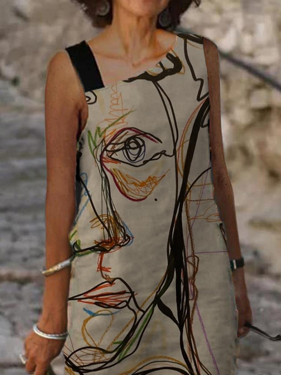 Casual Art Print Sleeveless Midi Dress Womens