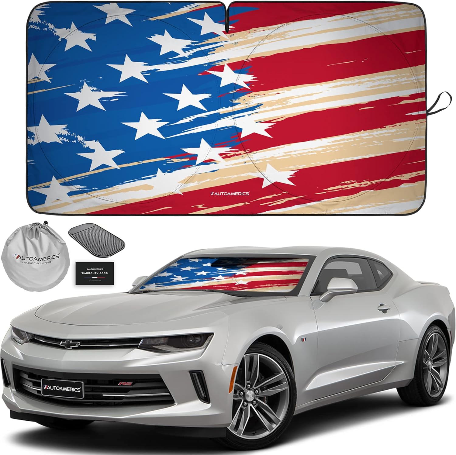Autoamerics 1-Piece Windshield Sun Shade USA Art Flag - 1 American  - Foldable Car Front Window Sunshade for Most Sedans SUV Truck - Blocks Max UV Rays and Keeps Your Vehicle Cool - Small
