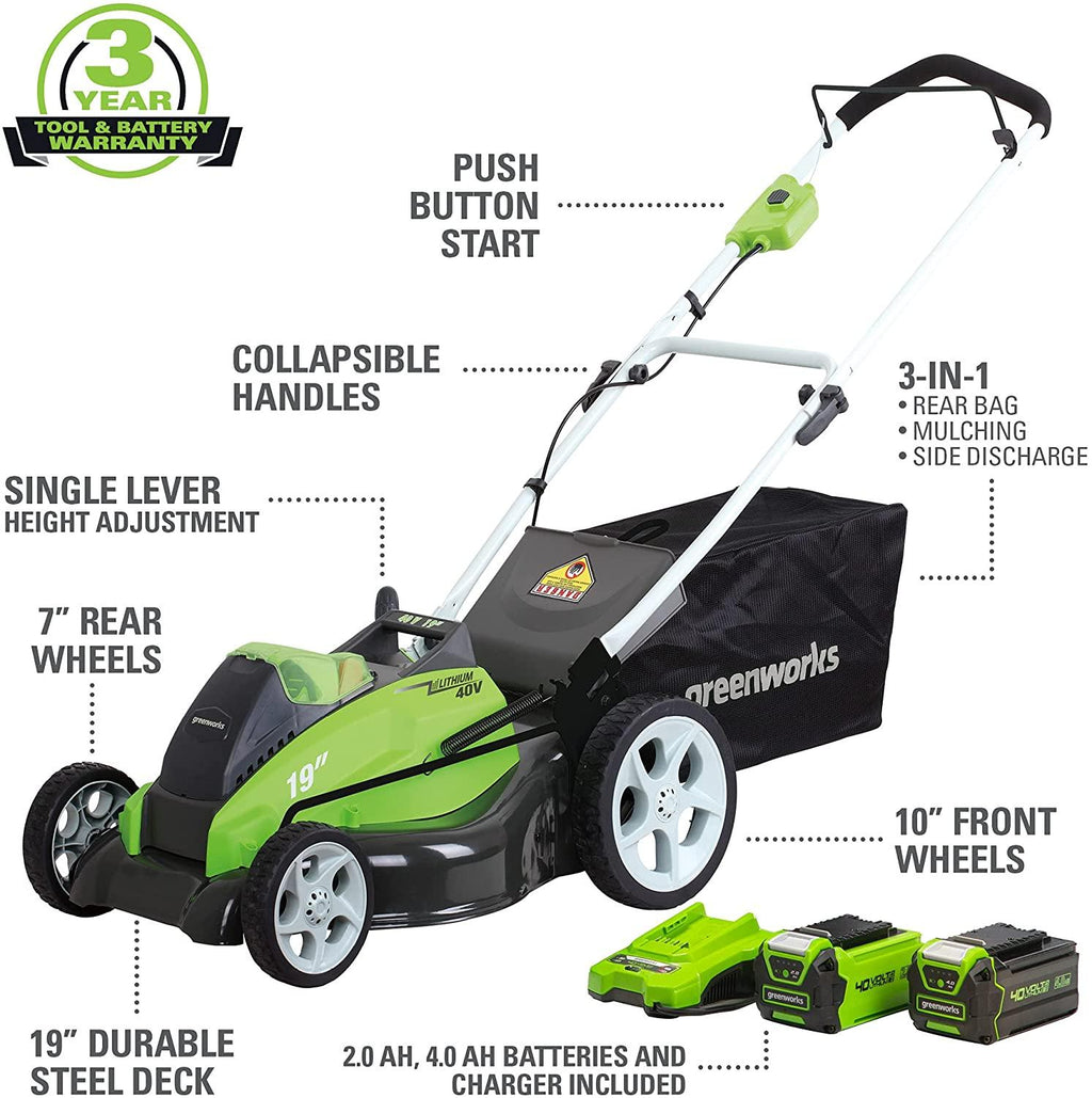 Greenworks 40V 19-Inch Cordless (3-In-1) Push Lawn Mower, 4.0Ah + 2.0Ah Battery and Charger Included 25223