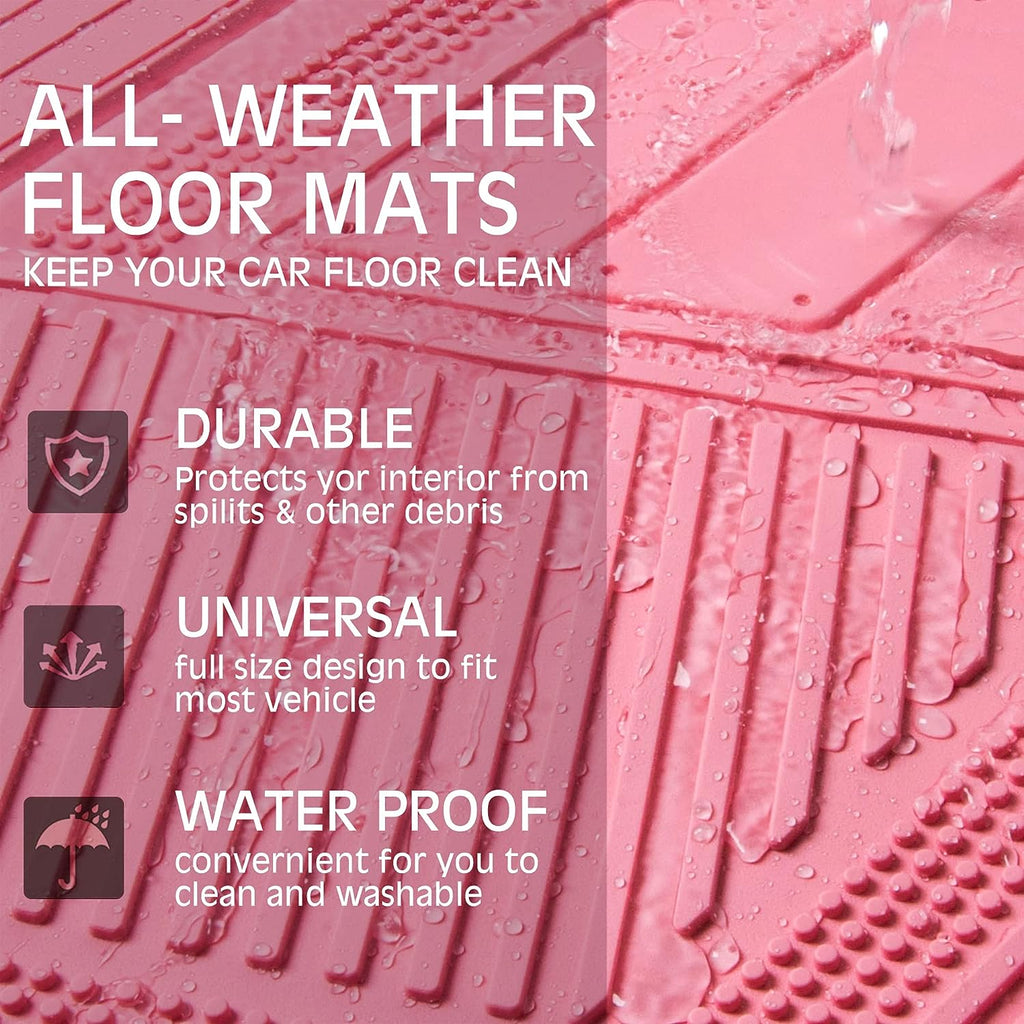 CAR PASS Heavy Duty Rubber Floor Mats Pink 4-Piece Car Mat Set - Universal Waterproof Floor Mats for Car SUV Truck, Durable All-Weather Mats，Car Mats for Women,Girly(All Pink)
