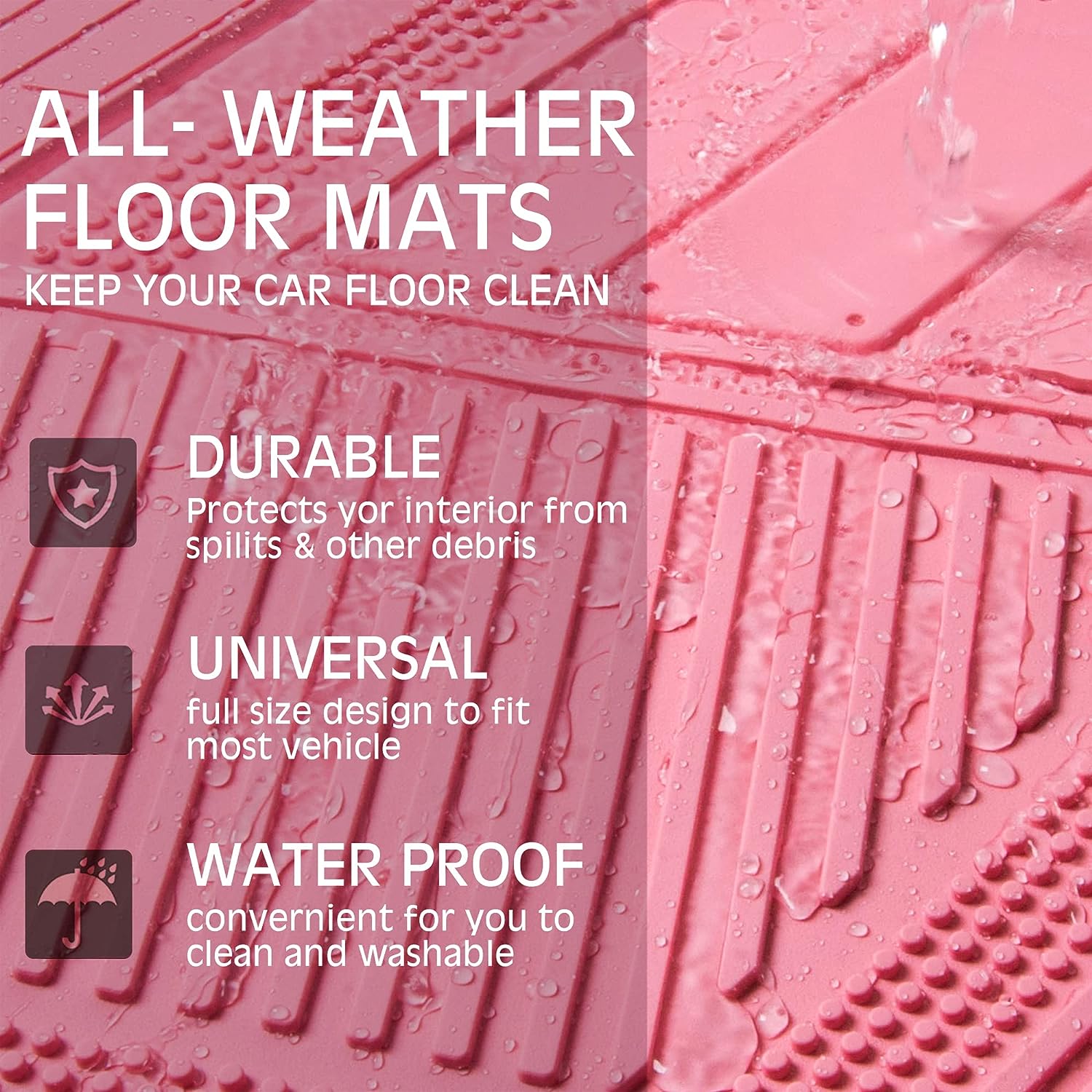 CAR PASS Heavy Duty Rubber Floor Mats Pink 4-Piece Car Mat Set - Universal Waterproof Floor Mats for Car SUV Truck, Durable All-Weather Mats，Car Mats for Women,Girly(All Pink)