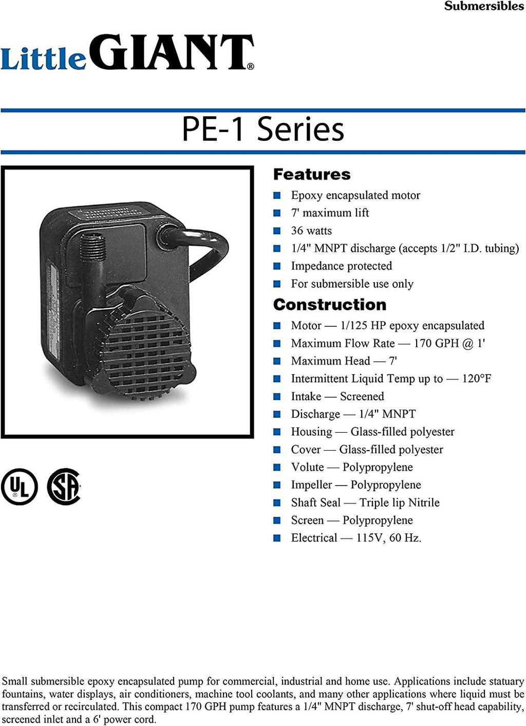 Little Giant PE-1 Small Submersible Pump, 1/125HP 170GPH 115V Epoxy Encapsulated