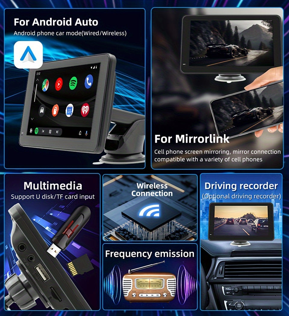 Car Stereo, Portable Wireless 7"Touch Screen For Android Auto Automatic Multimedia Player, Navigation Screen
